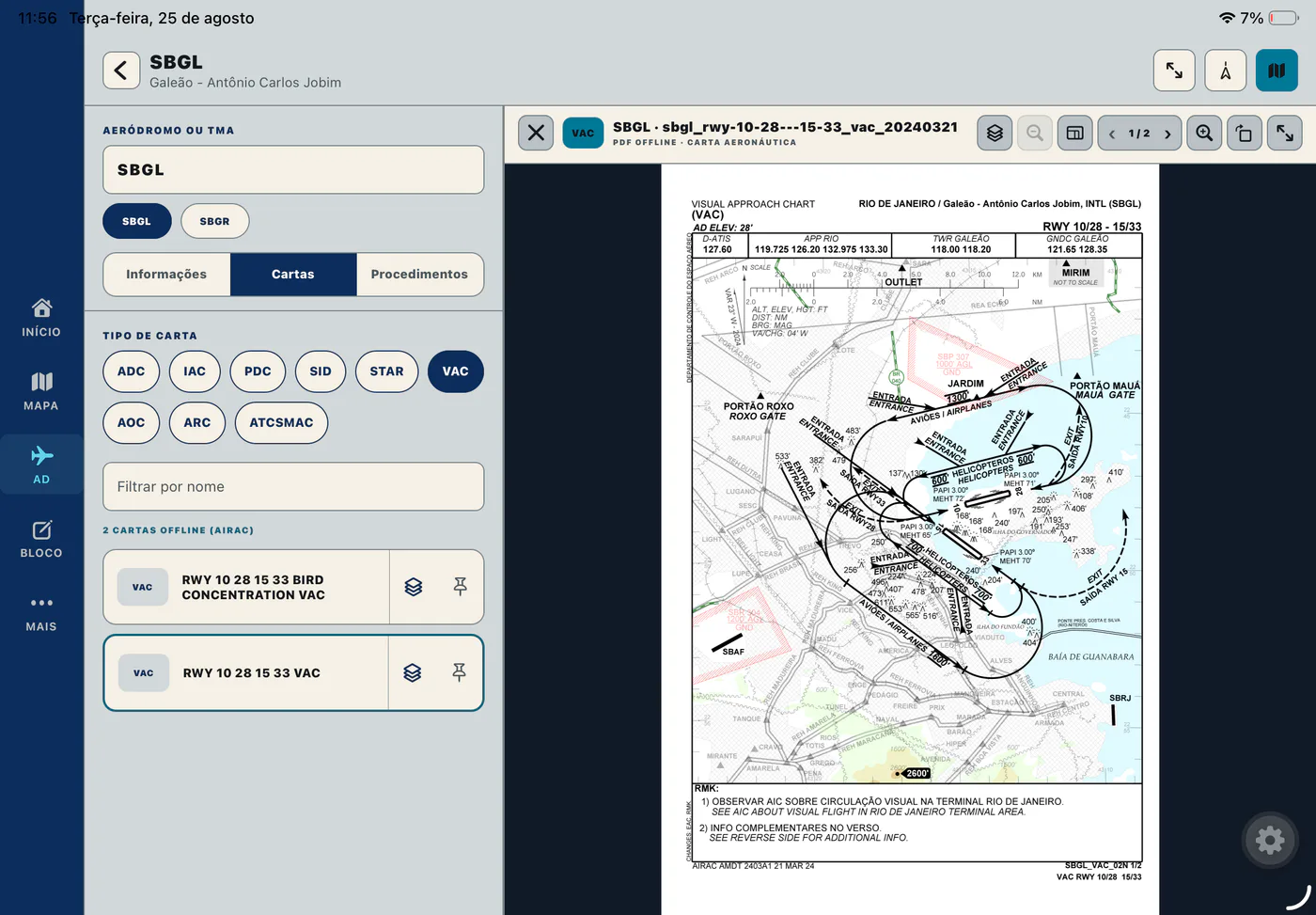 NavMap no iPad exibindo uma carta aeronáutica